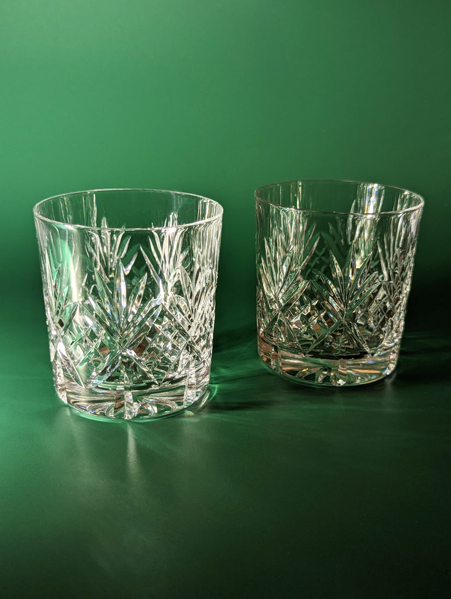 Pair of Vintage Diamond Cut Crystal Rocks Glasses Drinks Distilled