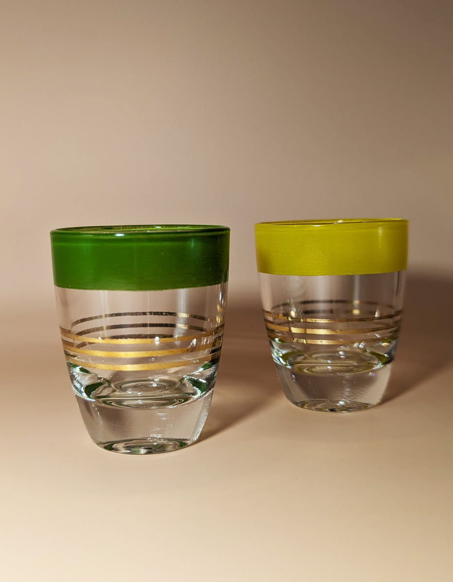 Pair of Vintage Green and Yellow Striped Shot Glasses Drinks Distilled