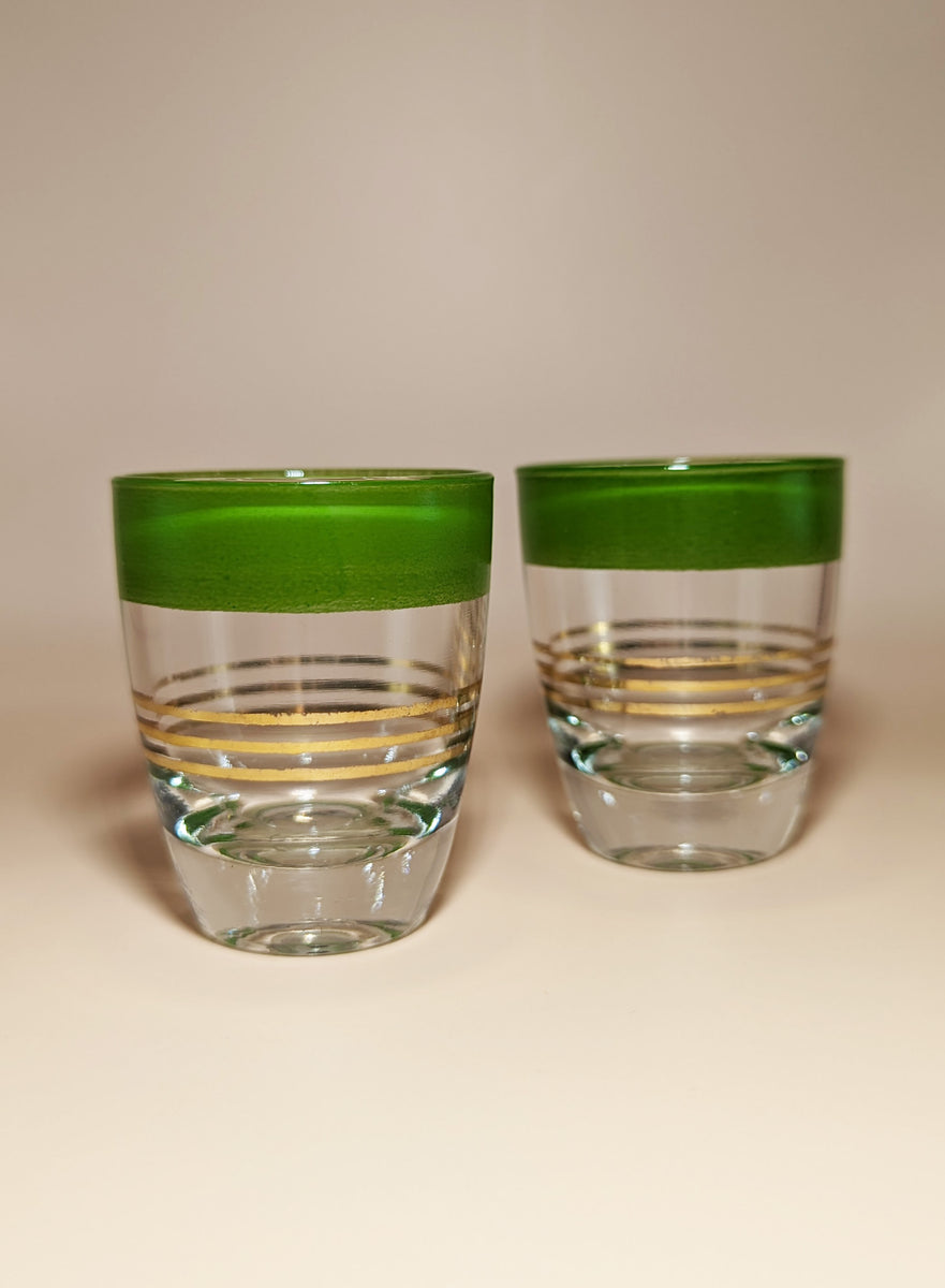 Pair of Vintage Light Green Striped Shot Glasses Drinks Distilled