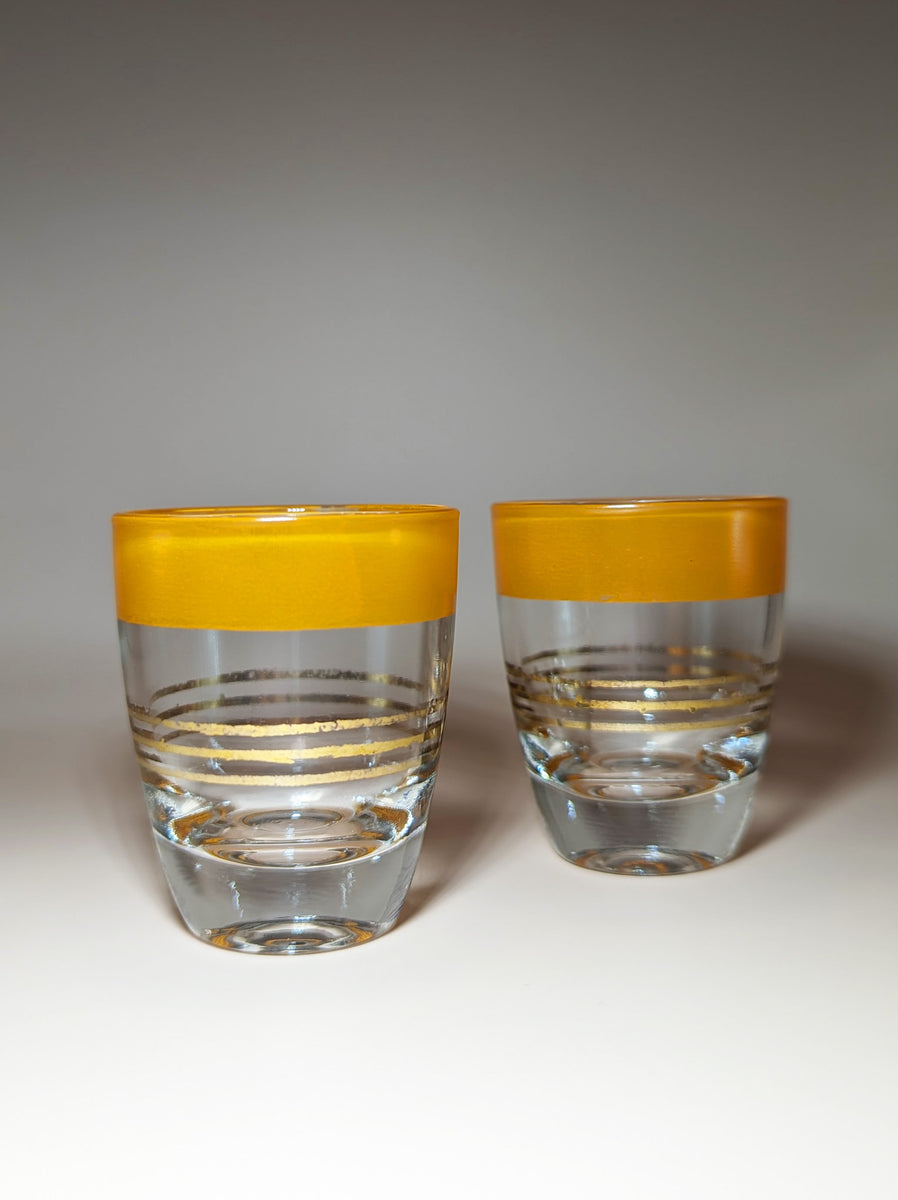 Pair of Vintage Yellow Striped Shot Glasses Drinks Distilled