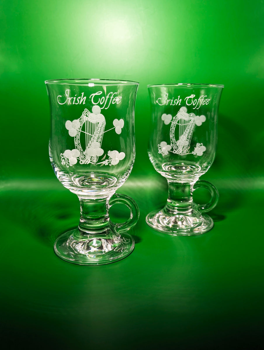 Pair of Harp Printed Eamon Irish Coffee Glasses Drinks Distilled