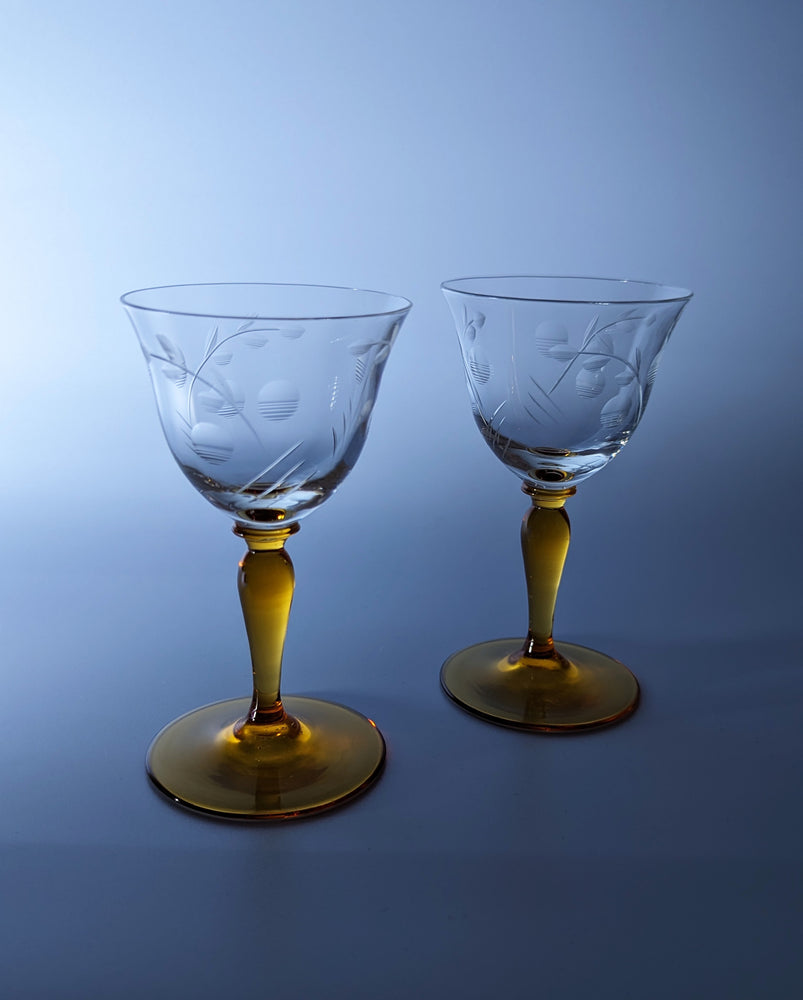Set of 2 Vintage Sturdy Amber Wine glasses with Clear Stems