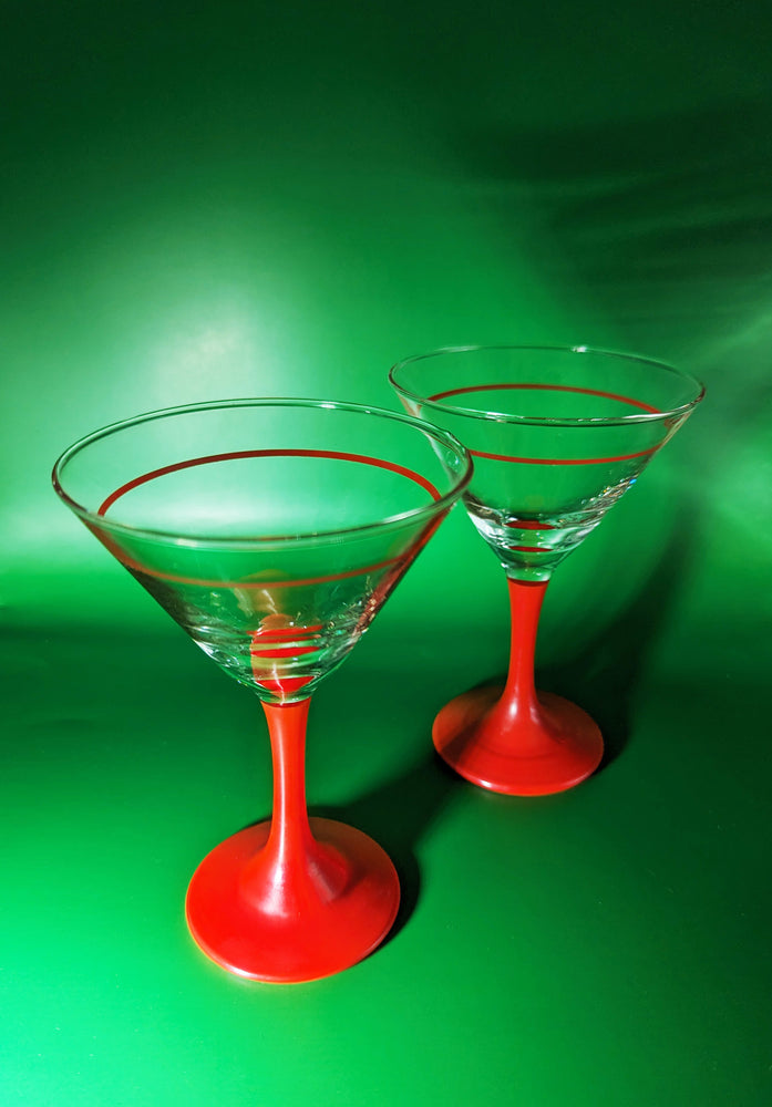 Sold - Reaerved —- 4 Vintage Red Cocktail - Martini Glasses, Nick & Nora,  1950's Champagne Glasses, Vintage Red Cocktail Coupes