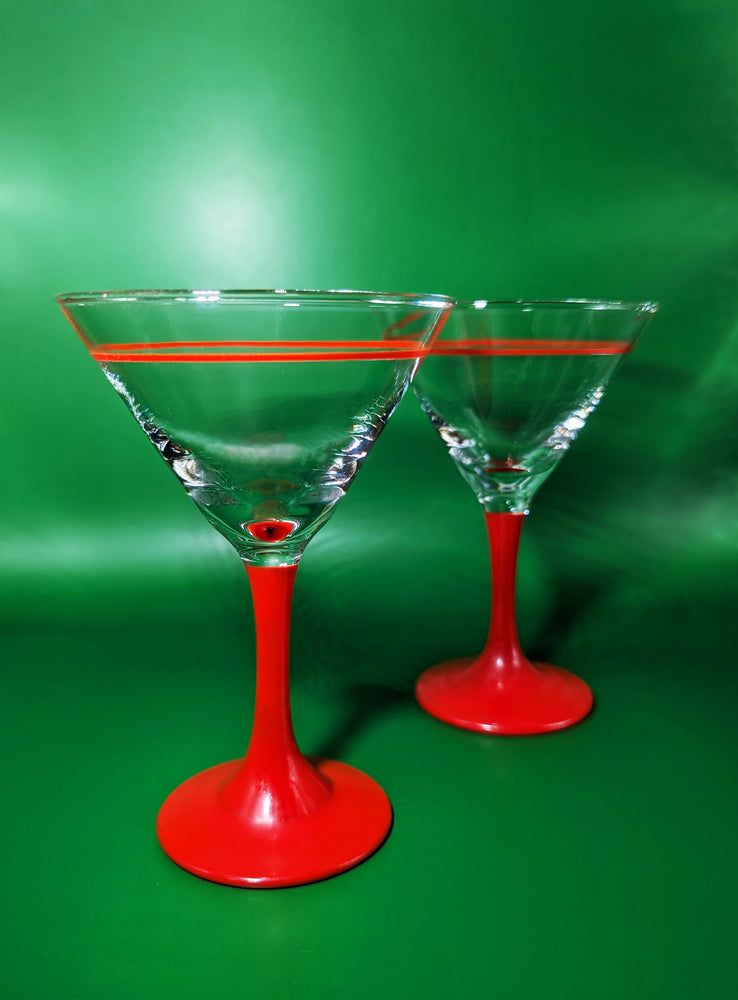 
            
                Load image into Gallery viewer, Pair of Vintage Red Striped Martini Glasses
            
        