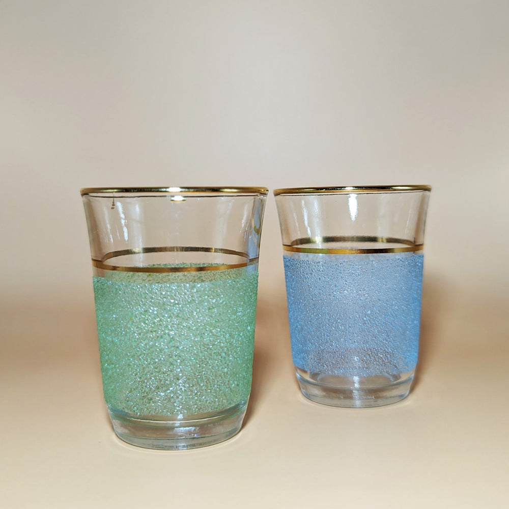 Pair of Vintage 1950s Green and Blue Frosted Shot Glasses