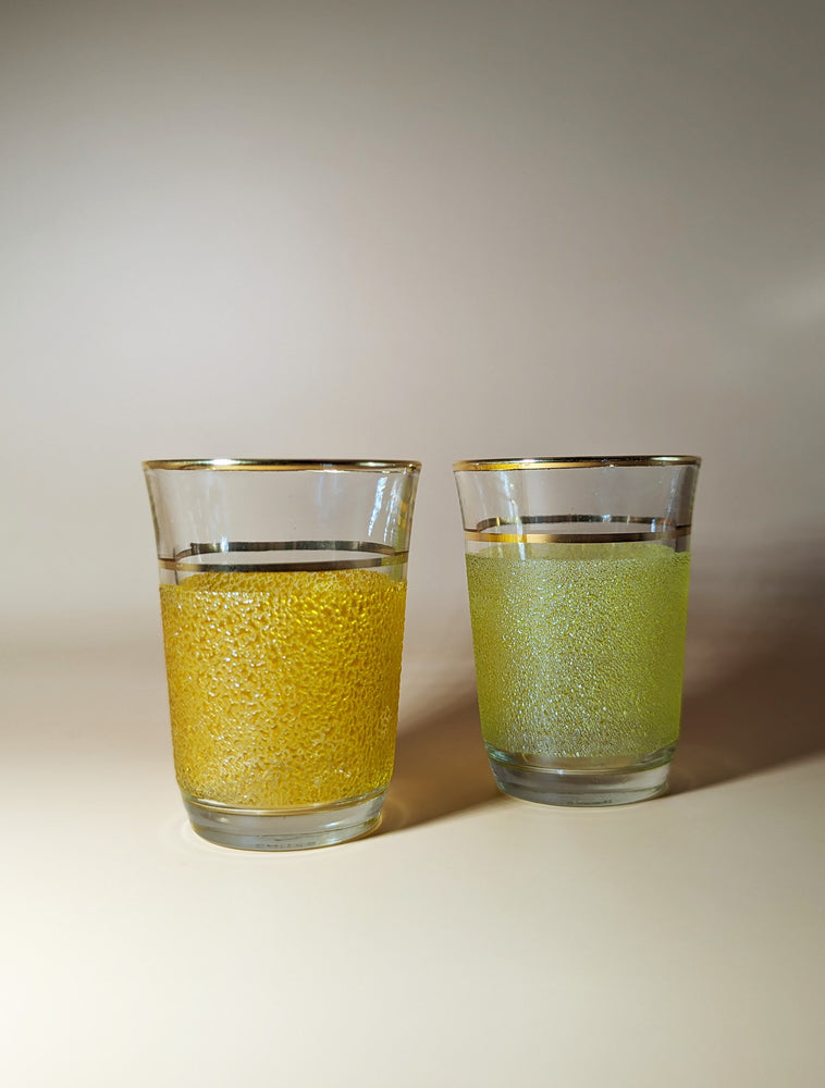 
            
                Load image into Gallery viewer, Pair of Vintage 1950s Orange and Yellow Frosted Shot Glasses
            
        