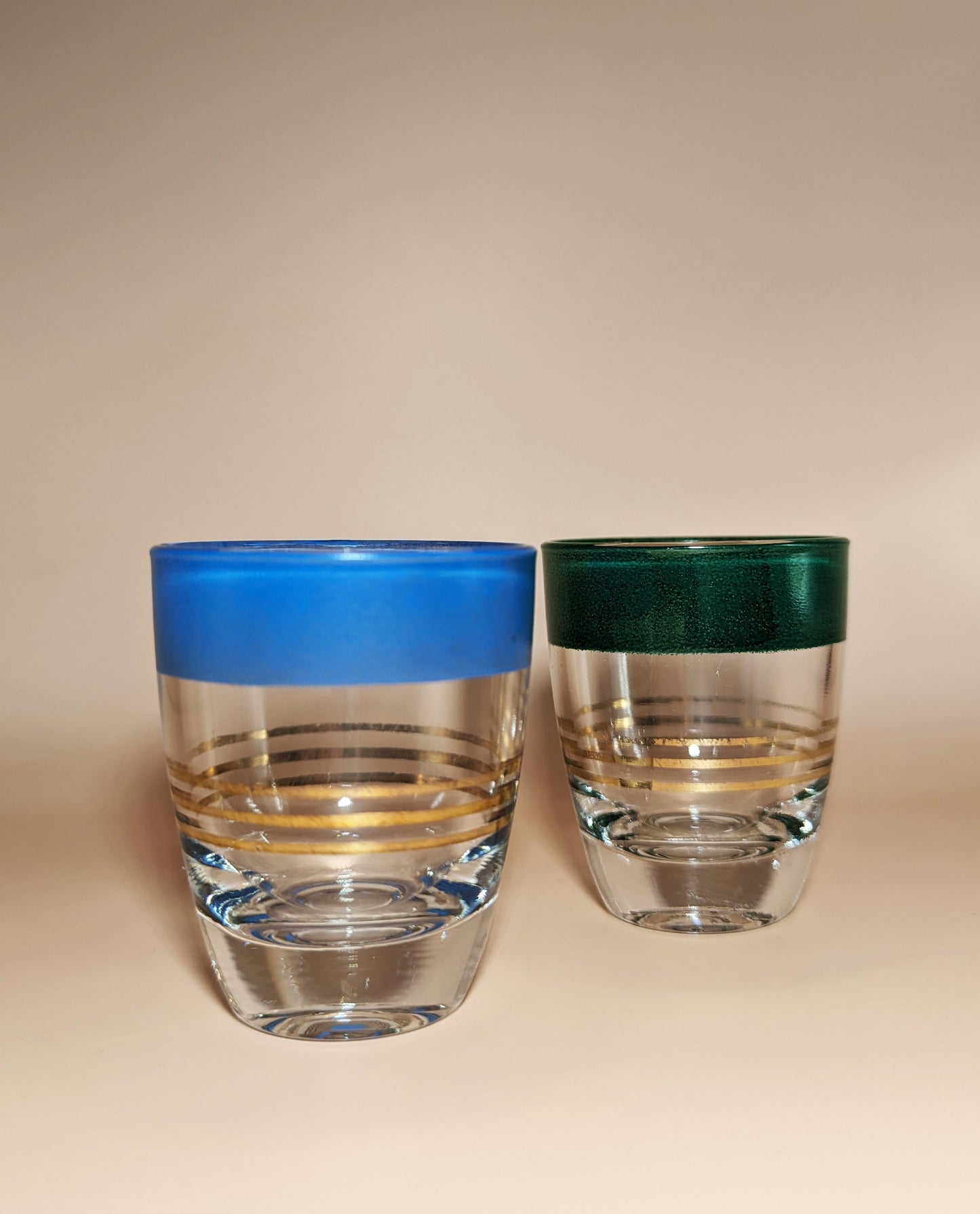 Pair of Vintage Green and Blue Striped Shot Glasses