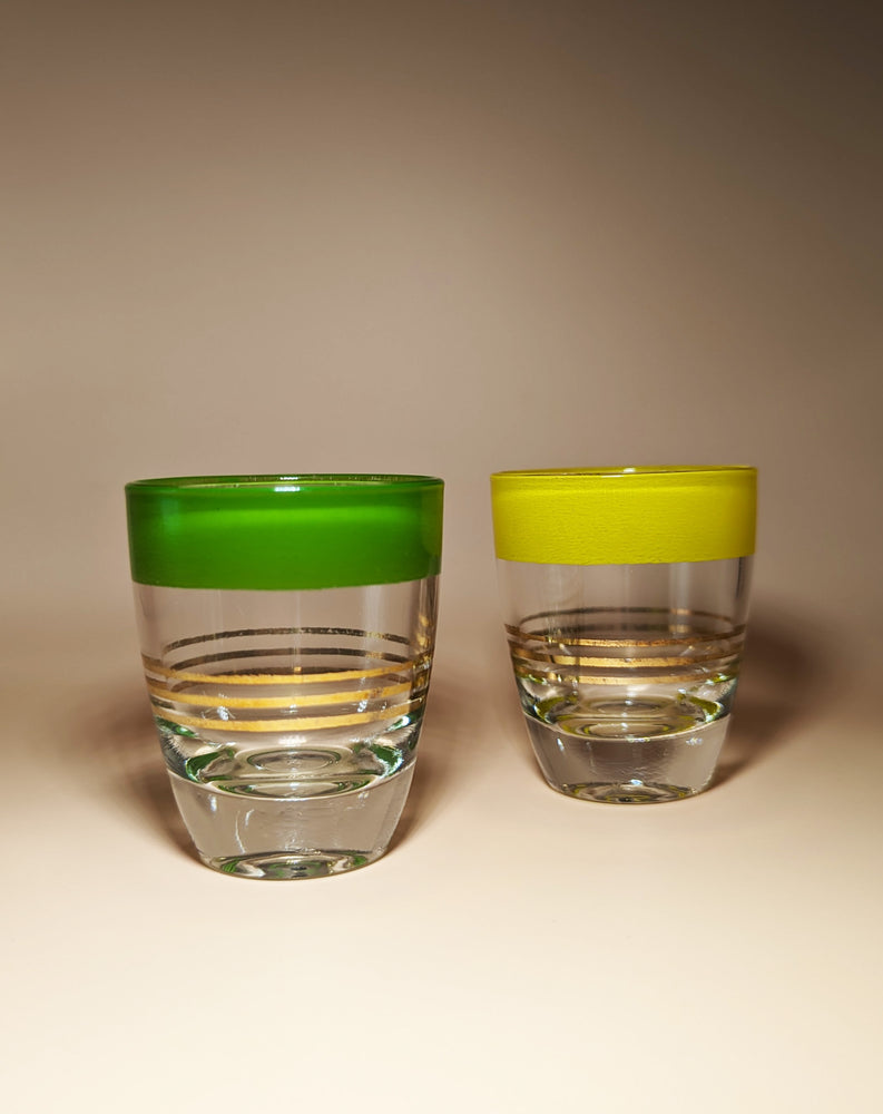 
            
                Load image into Gallery viewer, Pair of Vintage Green and Yellow Striped Shot Glasses
            
        