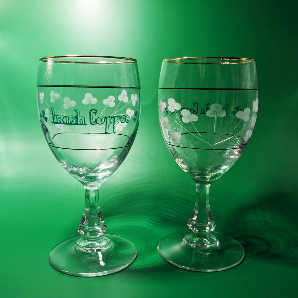 Pair of Vintage Irish Coffee Glasses with Engraved Shamrocks