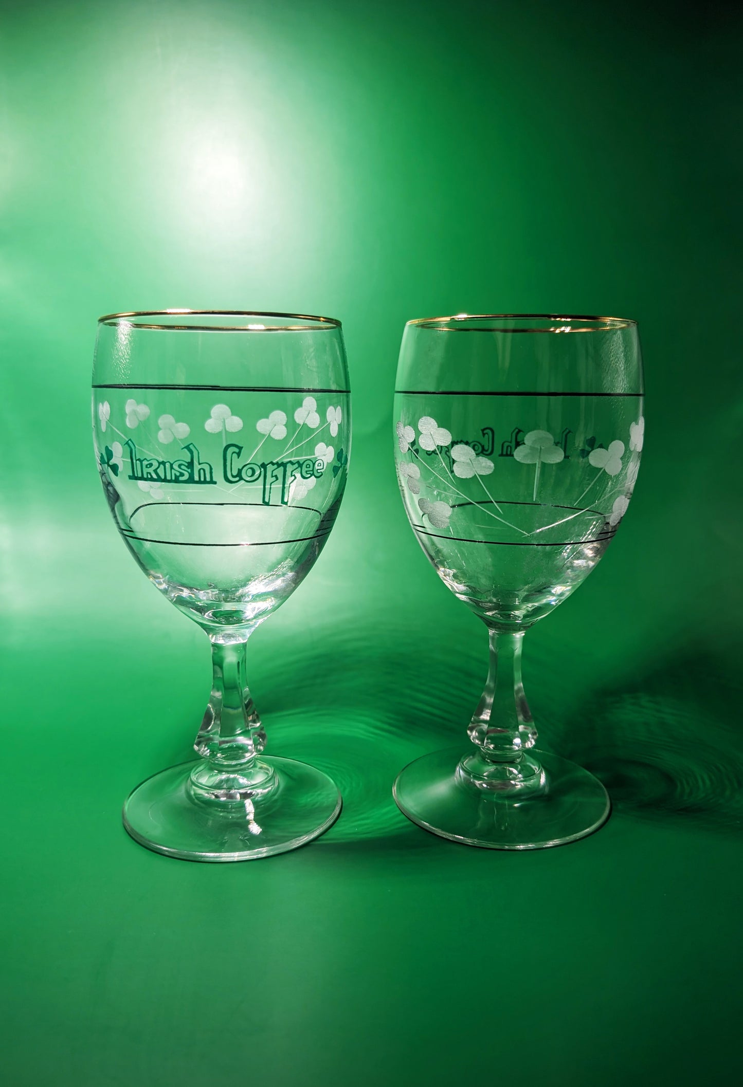 Pair of Vintage Irish Coffee Glasses with Engraved Shamrocks