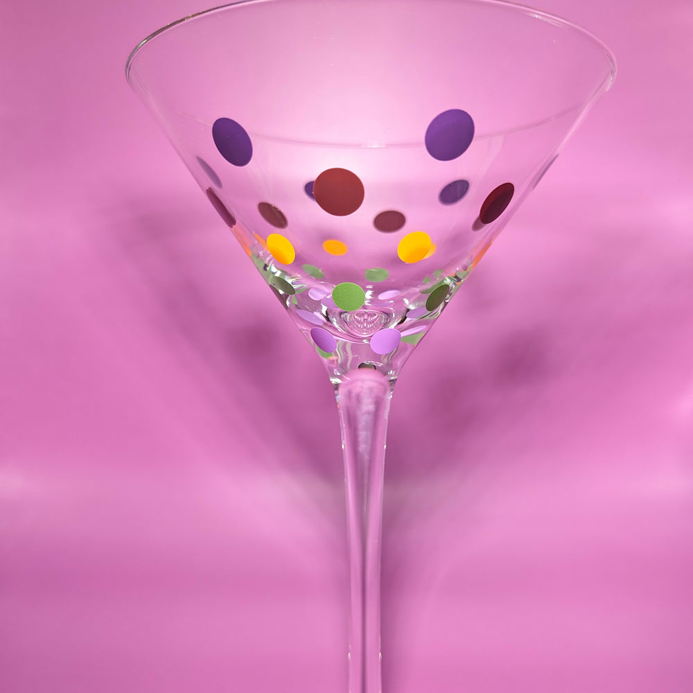 Pair of Vintage Purple, Pink, Yellow and Green Polka Dot Martini Glasses