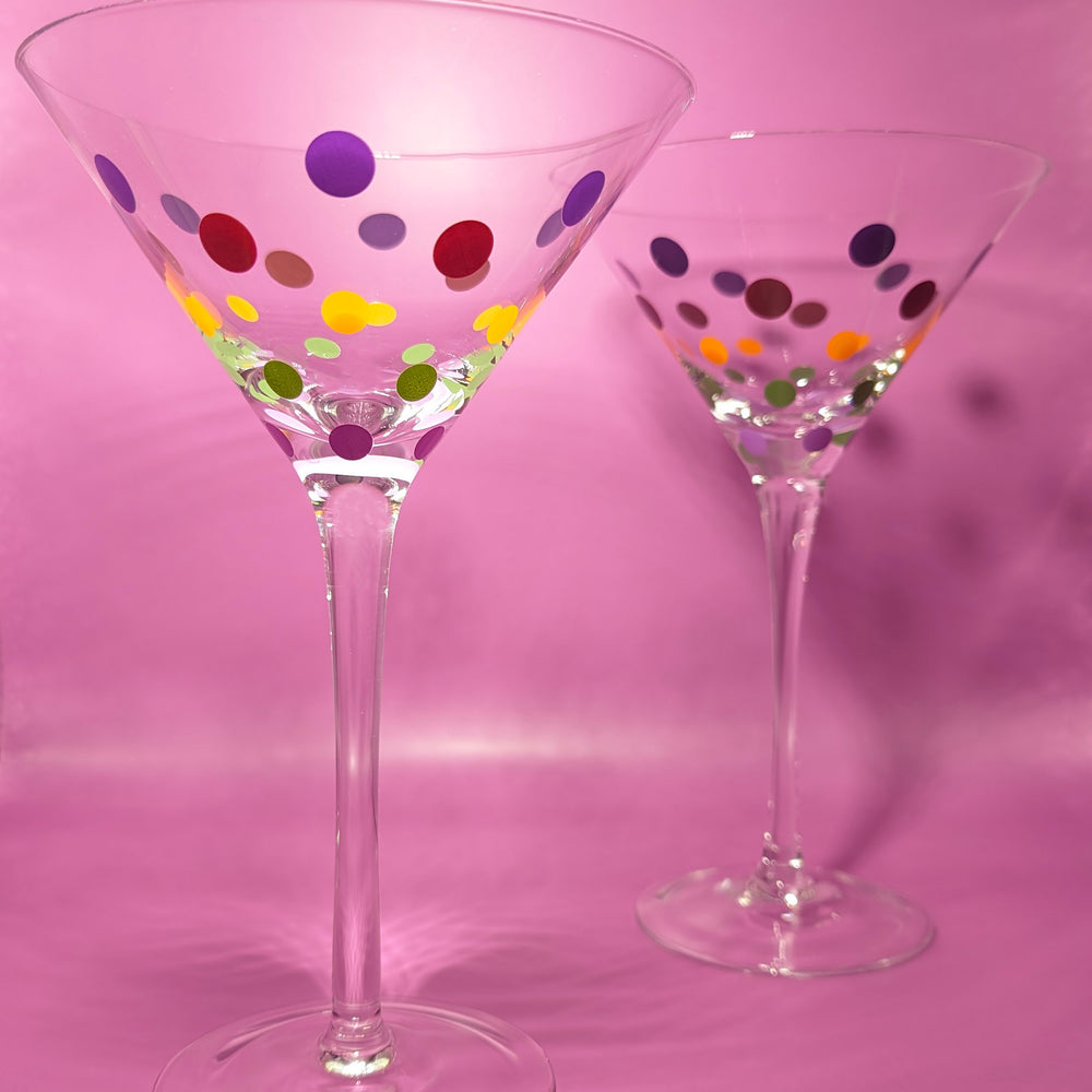 Pair of Vintage Purple, Pink, Yellow and Green Polka Dot Martini Glasses