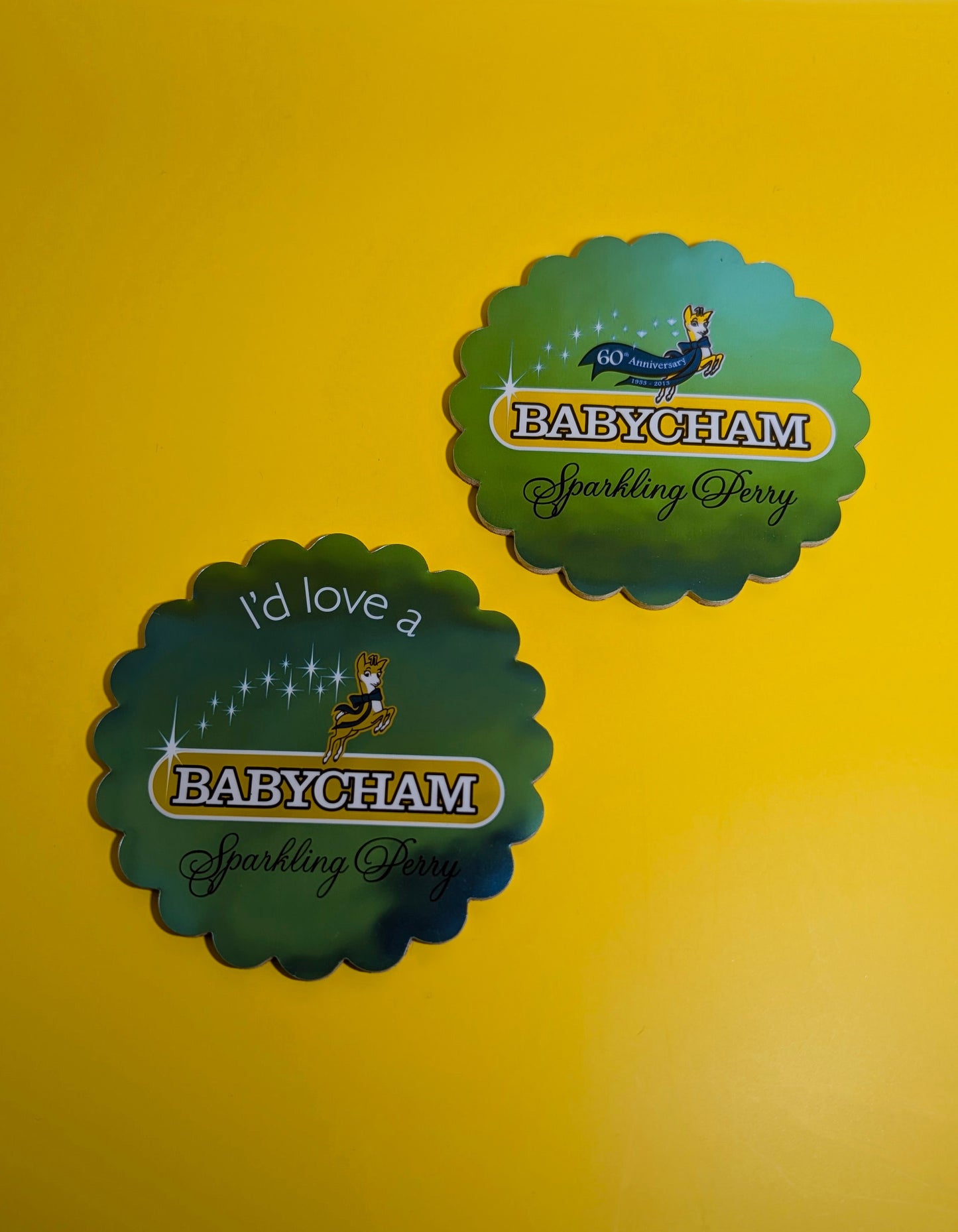 Pair of Vintage Babycham 60th Anniversary Coasters