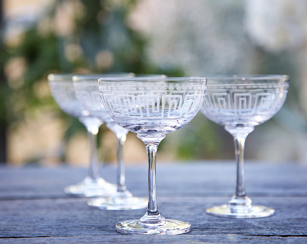 The Vintage List Coupe Glass with Greek Key Motif Drinks Distilled